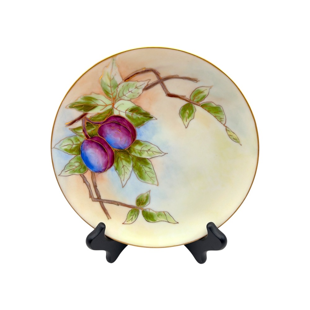 Vintage‎ Hand Painted Plum Fruit Gold Trim Decorative Salad Plate 7.5"